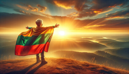 A child wrapped in the Lithuanian flag, standing proudly on a hill, embracing the warmth of a sunrise. - obrazy, fototapety, plakaty