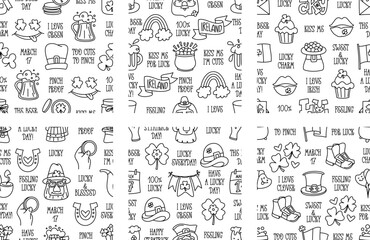St Patricks day doodle style seamless pattern in black and white, hand-drawn icons and quotes background, cute Irish holiday symbols and elements collection.
