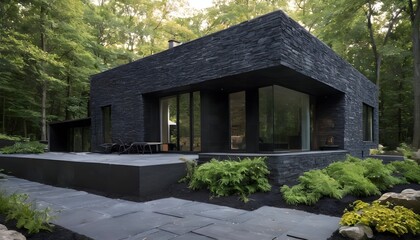 Fototapeta na wymiar black stone house in the woods with landscaping