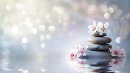 Zen stones with delicate flowers in a peaceful spa environment, reflecting in water. - obrazy, fototapety, plakaty