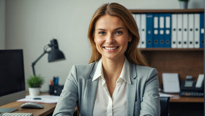 beautiful happy smiling woman accountant working at her desk looking at the camera