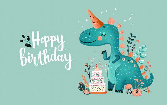 Cheerful cartoon dinosaur celebrating birthday with cake with "Happy Birthday" lettering on holiday illustration.	
