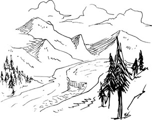 landscape vector sketch of river and mountain views
