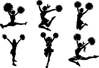 Cheerleaders with pompoms and grunge blots. Cheerleader dancers figure in high HD resolution. Cheer leading girl sport, college cheer leading formation. Gymnastic club poster and flyer idea. - obrazy, fototapety, plakaty