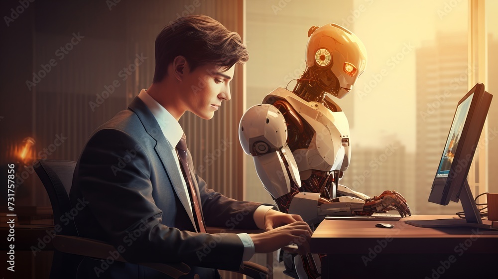 Aufkleber office worker collaborating with ai robot in modern workplace