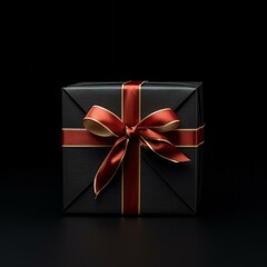 Elegant Gift Box with Lustrous Red Ribbon on Black Background - High-Quality Stock Image