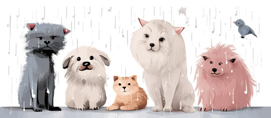 Group of cute stray animals sitting together outdoors in the rain. Several various fluffy cats and one dog hanging out as friends. Friendship concept
