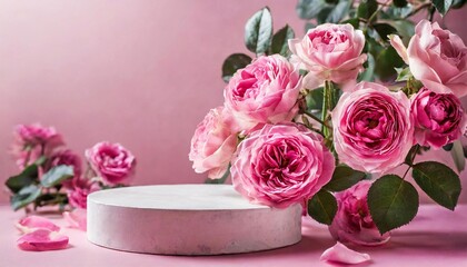Mock up with round stone podium and pink roses on pink background.