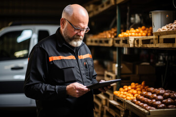 A focused mature man in a uniform uses a tablet in a warehouse with shelves of fruit in the background. - obrazy, fototapety, plakaty