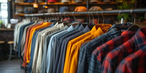 Fashion store display: racks are decorated with a colorful collection of stylish clothes for modern shoppers.