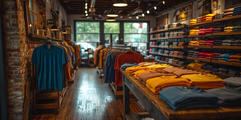 Modern boutique interior: a fashionable retail space with a wide selection of clothes for fashion-conscious consumers.