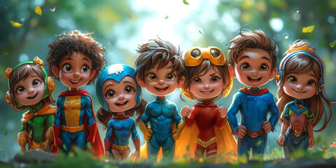 Boys and girls play together in colorful costumes, embodying superhero characters with limitless imagination.