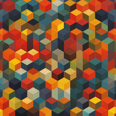 Obraz premium Colorful Geometric Square Mosaic Pattern Design with Abstract 3D Cubes for Seamless Decoration on Yellow Wall