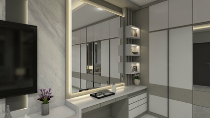 Modern Dressing Table Design with Mirror Panel and Interior Lighting Decoration