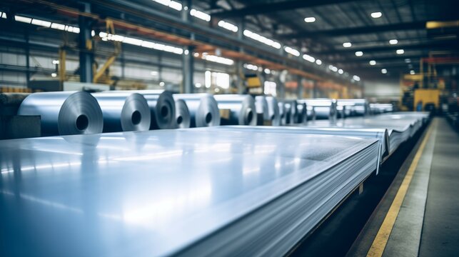 Photograph of sheet metal, alluminum, rolls in an industrial environment. Rolls of galvanized sheet steel in the factory.