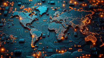A glowing, orange digital world map overlays a dark, intricate circuit board, symbolizing global connectivity and technology.	
