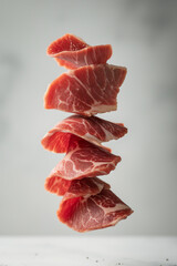 slices of Wagyu meat levitation on the light grey background