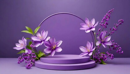 Mock up with round stone podium and spring flowers on purple background.