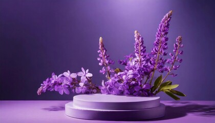 Mock up with round stone podium and spring flowers on purple background.