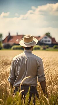 Rear view of a farmer standing in the middle of a wheat field