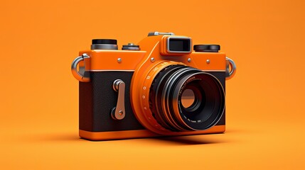 Vintage reflex camera on vibrant orange background - retro photography equipment