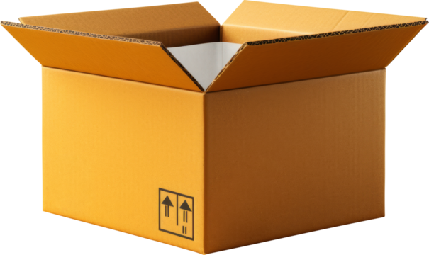 Empty open cardboard box with correct positioning symbol.