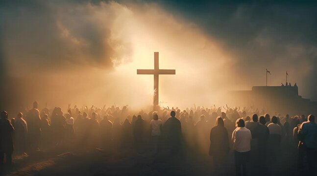 Silhouette of a crowd of people and a large cross at sunset