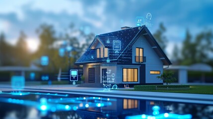 Illustration of a smart home with digital interface and solar panels at dusk.