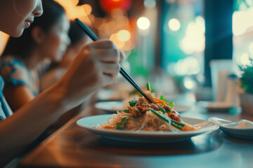 People eating in a Thai restaurant, they eating with chopsticks, close-up on hands. - obrazy, fototapety, plakaty