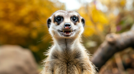Fototapeta premium funny suracat. Comical animal making a funny face that's impossible not to chuckle at. Funny smiling animal. Perfect for lighthearted and amusing design projects.