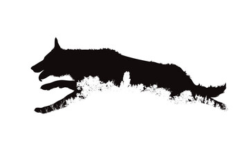 Jumping dog silhouette with tree line on white background. Symbol of pet and nature.