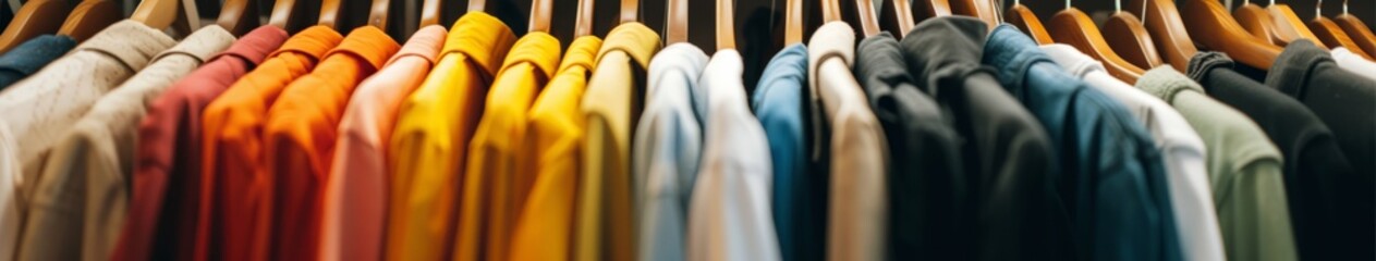 A wide view of a diverse selection of colorful clothes neatly arranged in a closet.