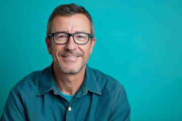Obraz premium Confident Smile: Mature Man with Glasses on Teal Background