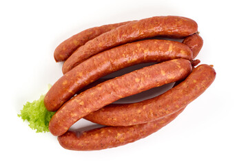 Smoked sausages, isolated on white background. High resolution image.