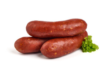 Smoked german sausages, isolated on white background.