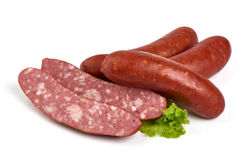 Smoked pork sausages, isolated on white background.