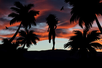 Silhouette of a woman running in a landscape of palm trees at sunset. Twilight and sports.