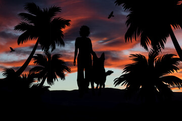 Silhouette of a woman walking with a dog in a landscape of palm trees at sunset. Twilight and sports.