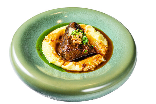 Beef tenderloin steak with mashed potatoes.  Isolated, Transparent background.