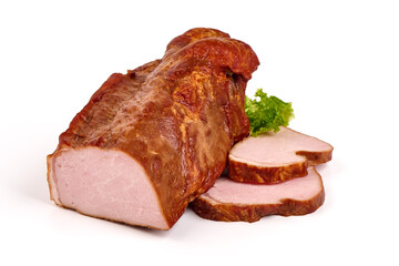 Smoked pork loin with slices, isolated on white background.