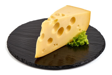 Maasdam cheese triangle, isolated on white background. High resolution image.