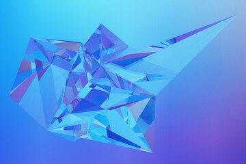 3D rendering of an abstract crystal structure with a low polygon design creates an iridescent and refracting effect on the surface