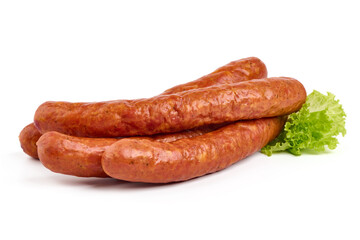 Smoked sausages, isolated on white background. High resolution image.