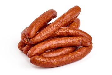Long thin smoked sausages, isolated on white background.