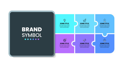 Infographic template. 6 connected squares with icons