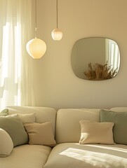 Living room with a light color couch, pillows, lights and mirror, generative ai