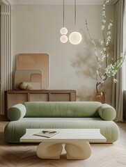 Living room with a light green color couch, contemporary nostalgia, retro charm, generative ai