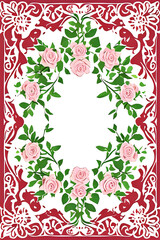 playing card / tarot card reverse side art, card back pattern or stationery / card design - elegant pink roses with green leaves in an intricate cut paper arabesque magenta frame on white background