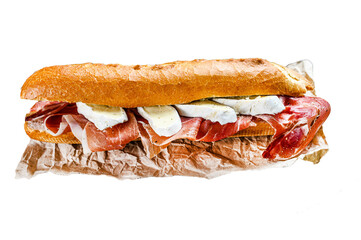 Baguette sandwich with prosciutto ham, Camembert cheese  Isolated, Transparent background.