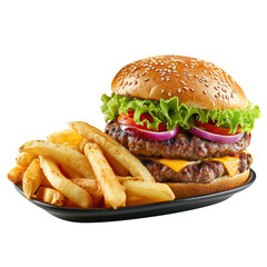 Delicious hamburger with cola and potato fries. Isolated on Transparent background